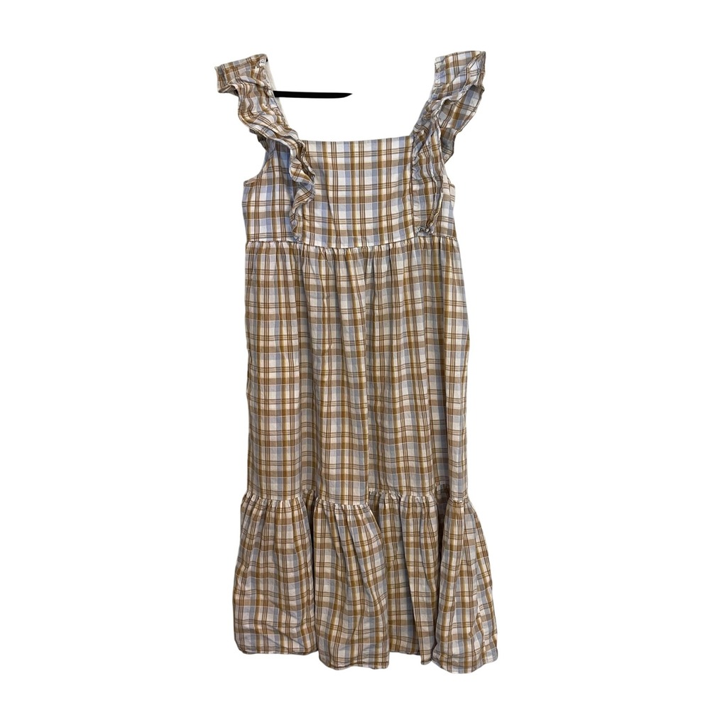 Madewell Plaid Ruffle Strap Tiered Midi Dress Brown Blue Size 14 Smocked Back